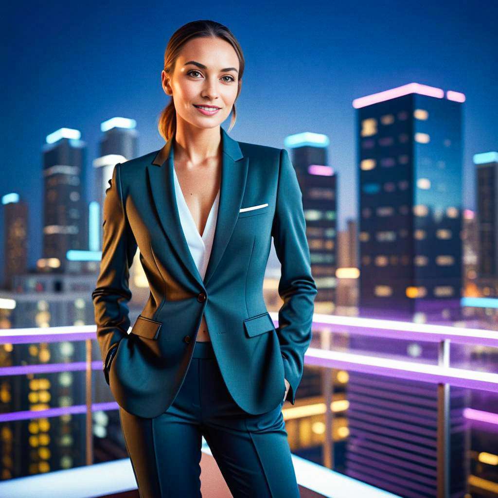 Confident Woman in Suit Against Urban Skyline