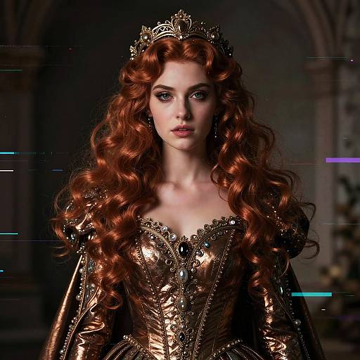Regal Woman With Red Curls in Bronze Renaissance-Style Gown and Crown