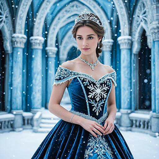 Elegant Woman in Royal Blue Ice Queen Dress with Tiara in Snowy Palace