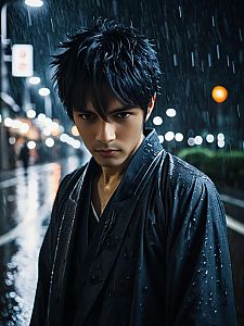 Portrait of a Man in Traditional Coat Standing in Rain at Night