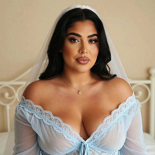 Elegant Bridal Boudoir Woman in Light Blue Sheer Lace Robe and Veil