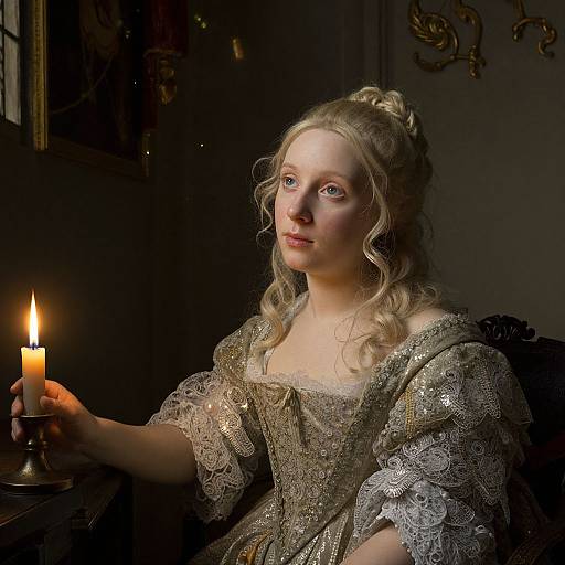 Baroque Woman in Elegant Gown Holding Candlelight