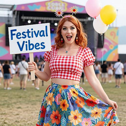 Festival Vibes Woman in Red Checkered Crop Top and Floral Skirt at Outdoor Music Event