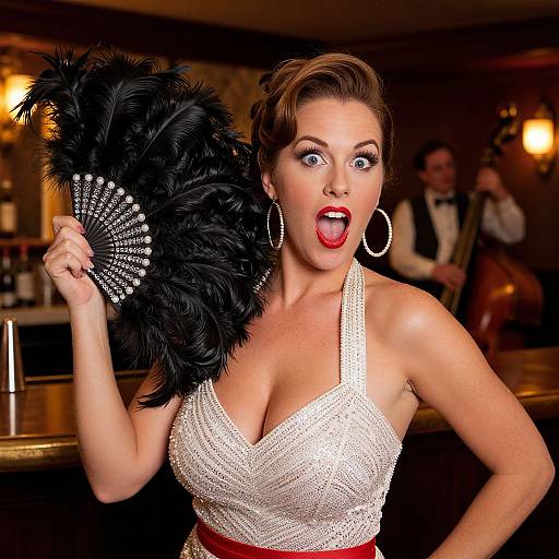 Vintage Glamorous Woman with Feather Fan in Retro Bar Setting