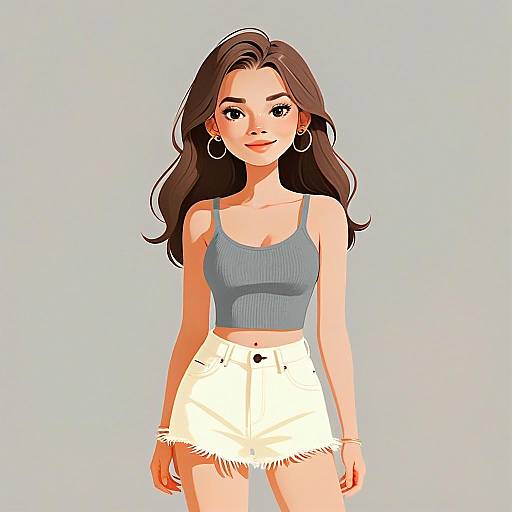 Stylish Woman with Pretty Hair in Casual Summer Outfit Digital Illustration