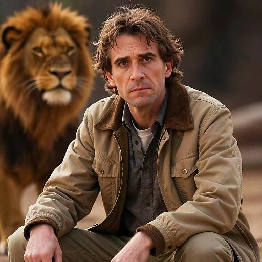 Man Sitting Near Lion in Natural Setting
