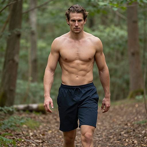 Shirtless Man Walking in Forest Trail Showing Athletic Physique