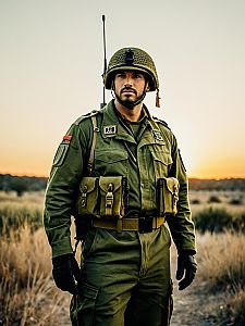 Man in Army-Inspired Olive Green Military Costume Outdoors Photorealistic