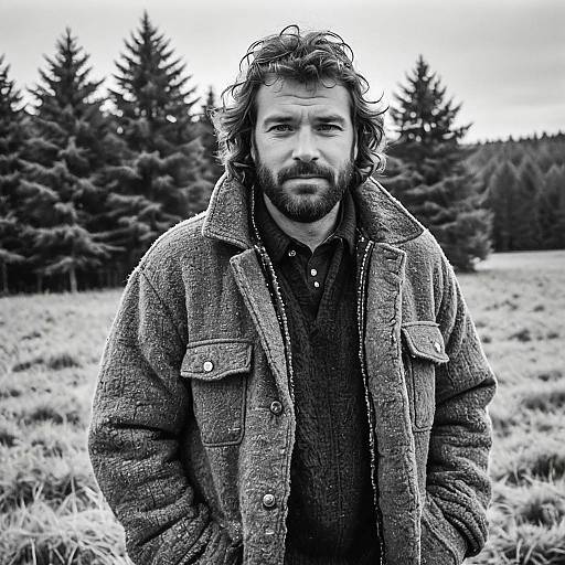 Rugged Man Outdoors in Forest Black and White Portrait