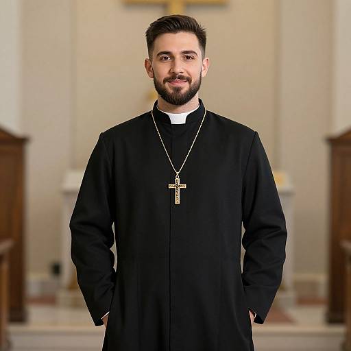 Young Catholic Priest Wearing Clerical Robe and Gold Cross in Church