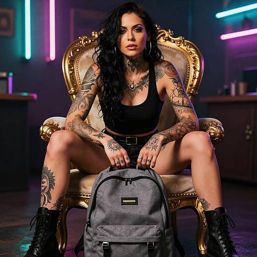 Tattooed Woman Sitting Boldly on Ornate Chair with Gray Backpack Indoor