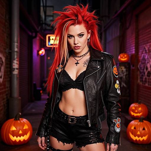 Punk Rock Woman with Red Hair in Halloween Alley with Jack-o'-Lanterns