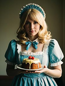 Sexy Charlotte Pudding Cosplay Woman Holding Cake in Maid Costume