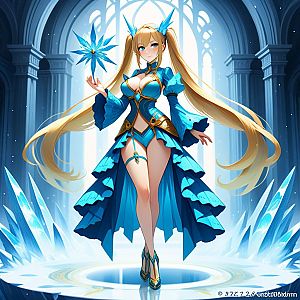 Confident Woman with Ice Magic in Cathedral Hall