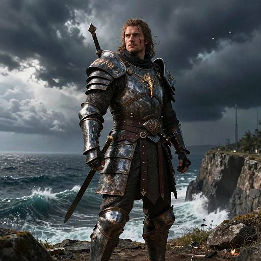 Medieval Knight Standing on Cliff by Stormy Sea in Armor