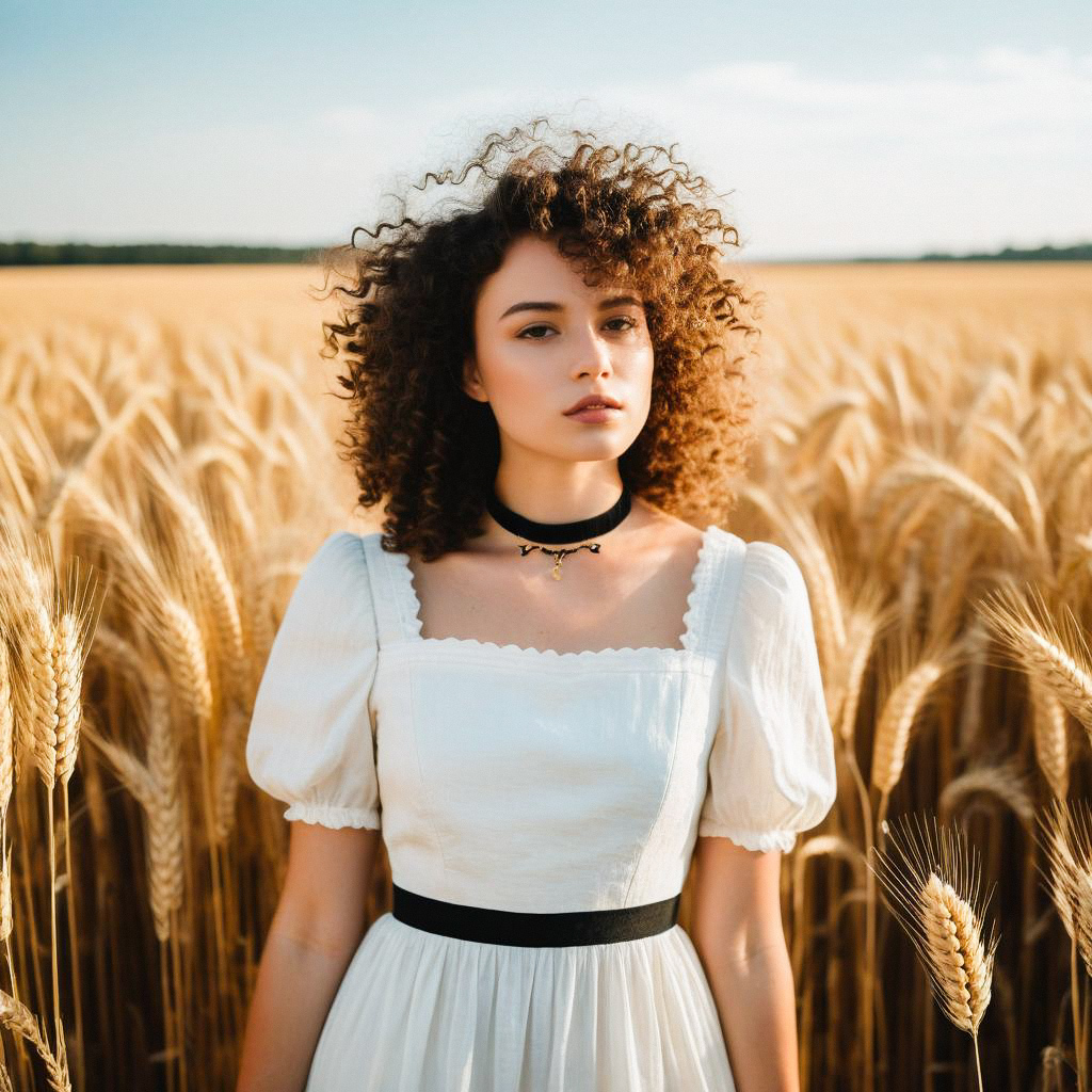 Young Woman in Vintage Dress in Wheat Field