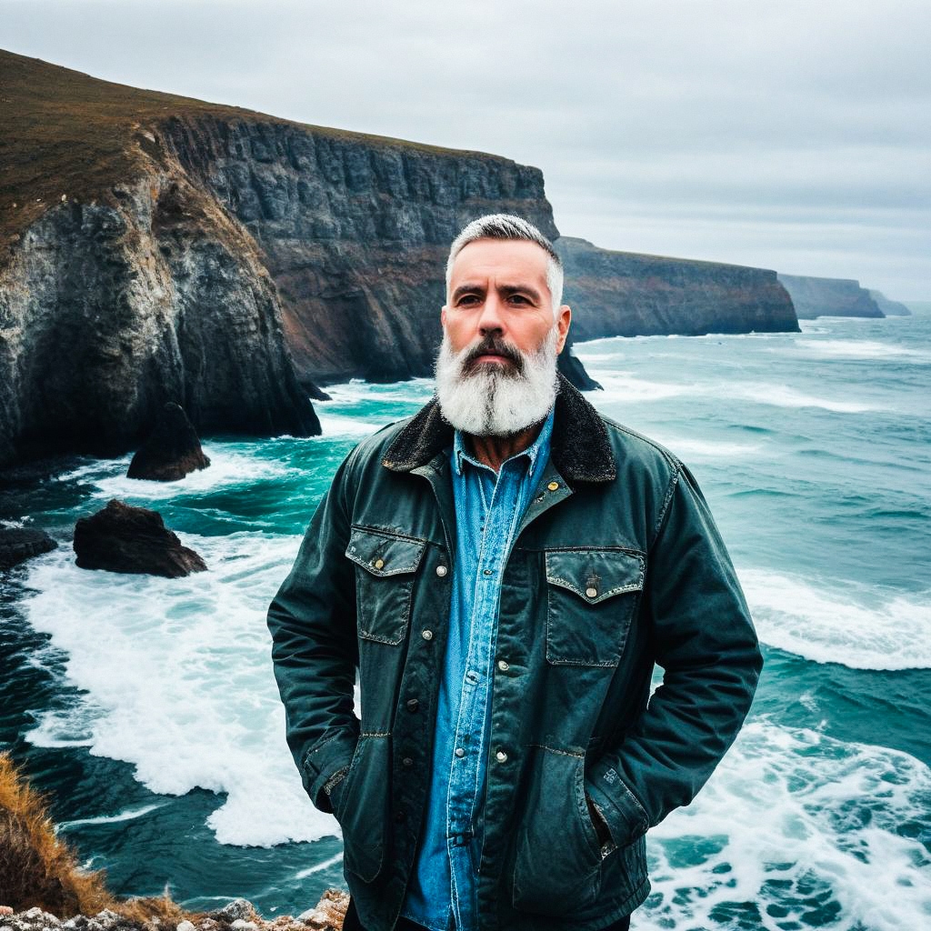 Mature Man on Cliff Overlooking Ocean