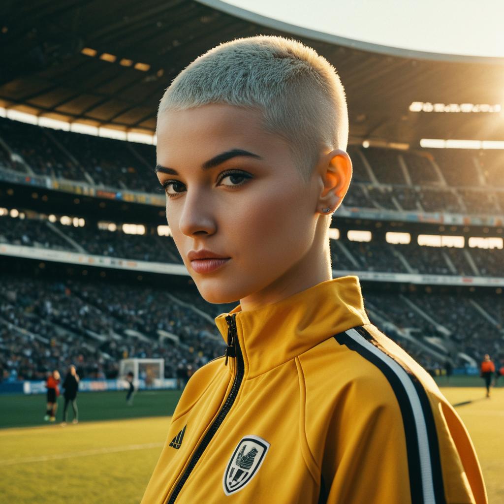 Portrait of Woman in Yellow Sports Jacket at Stadium during Golden Hour