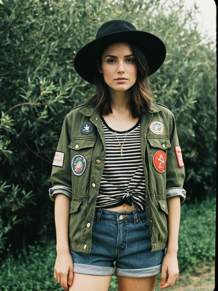 Young Woman in Military Jacket and Black Hat Outdoors