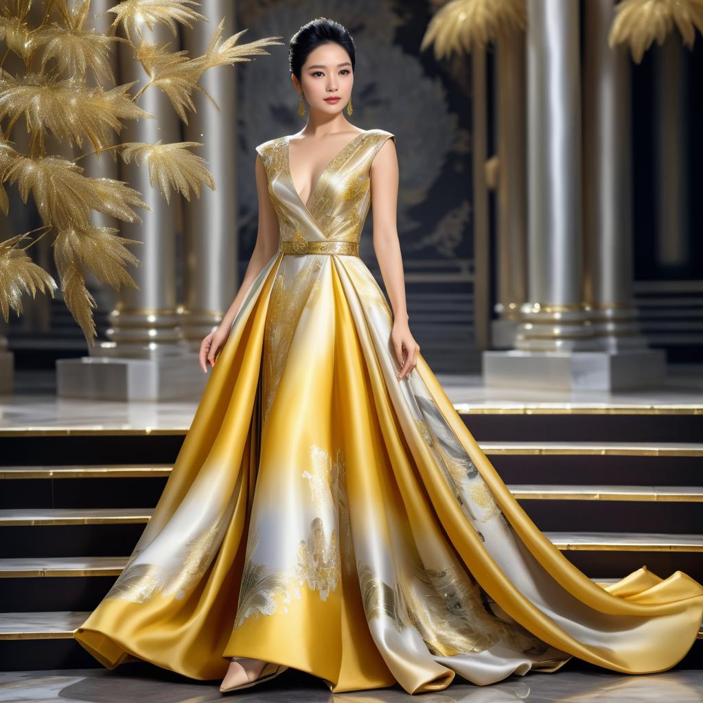 Elegant Woman in Yellow Gown with Gold Patterns