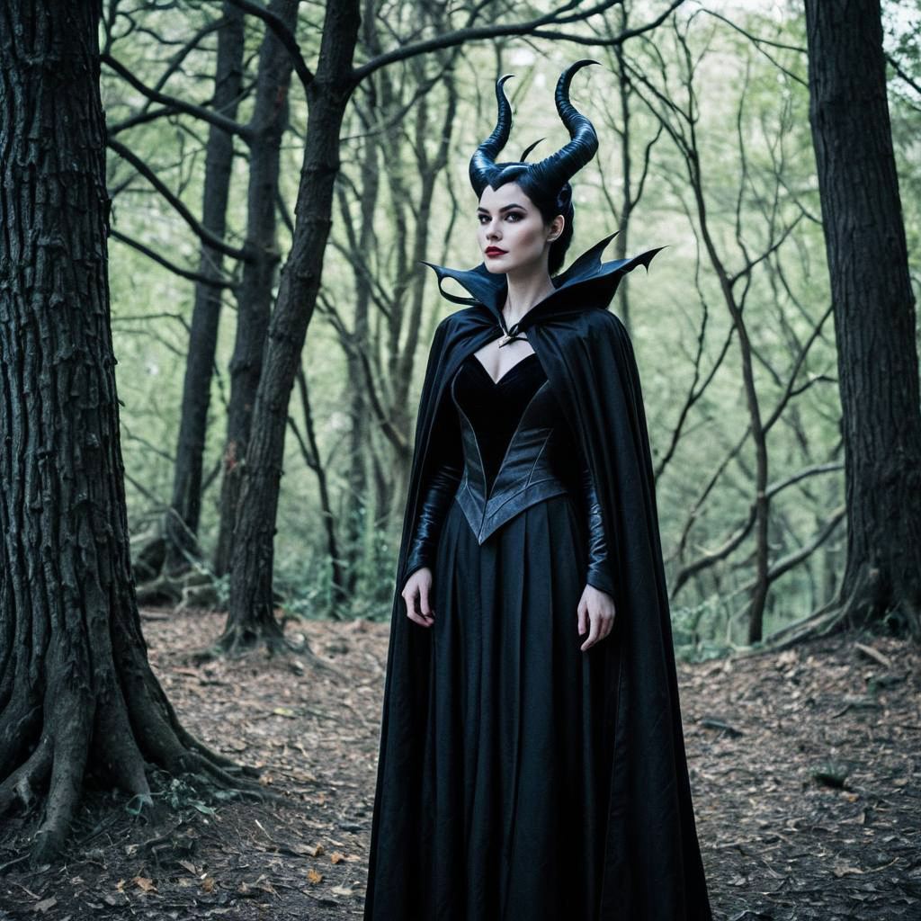 Woman in Gothic Costume with Horns in Forest
