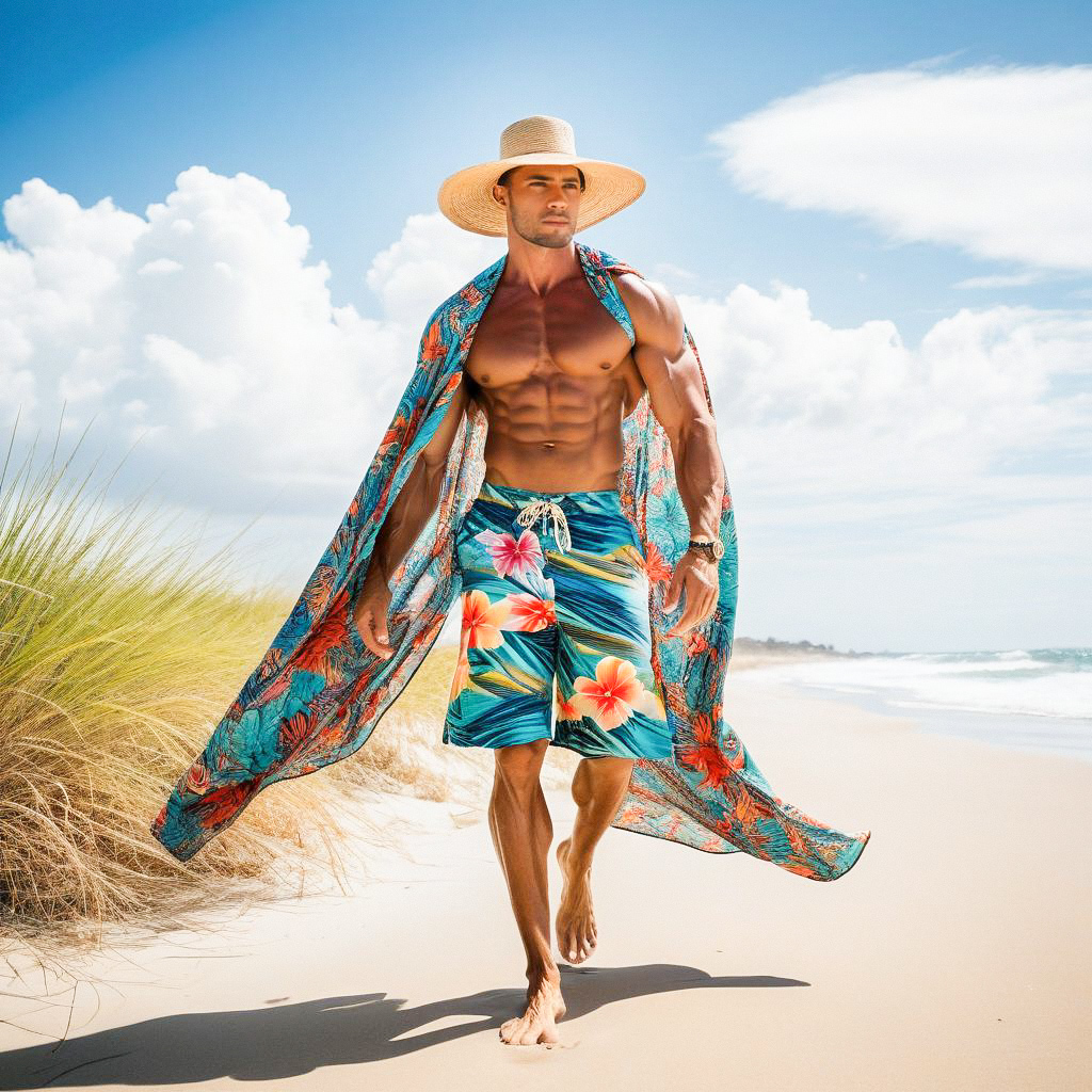 Muscular Man in Floral Swim Trunks on Beach