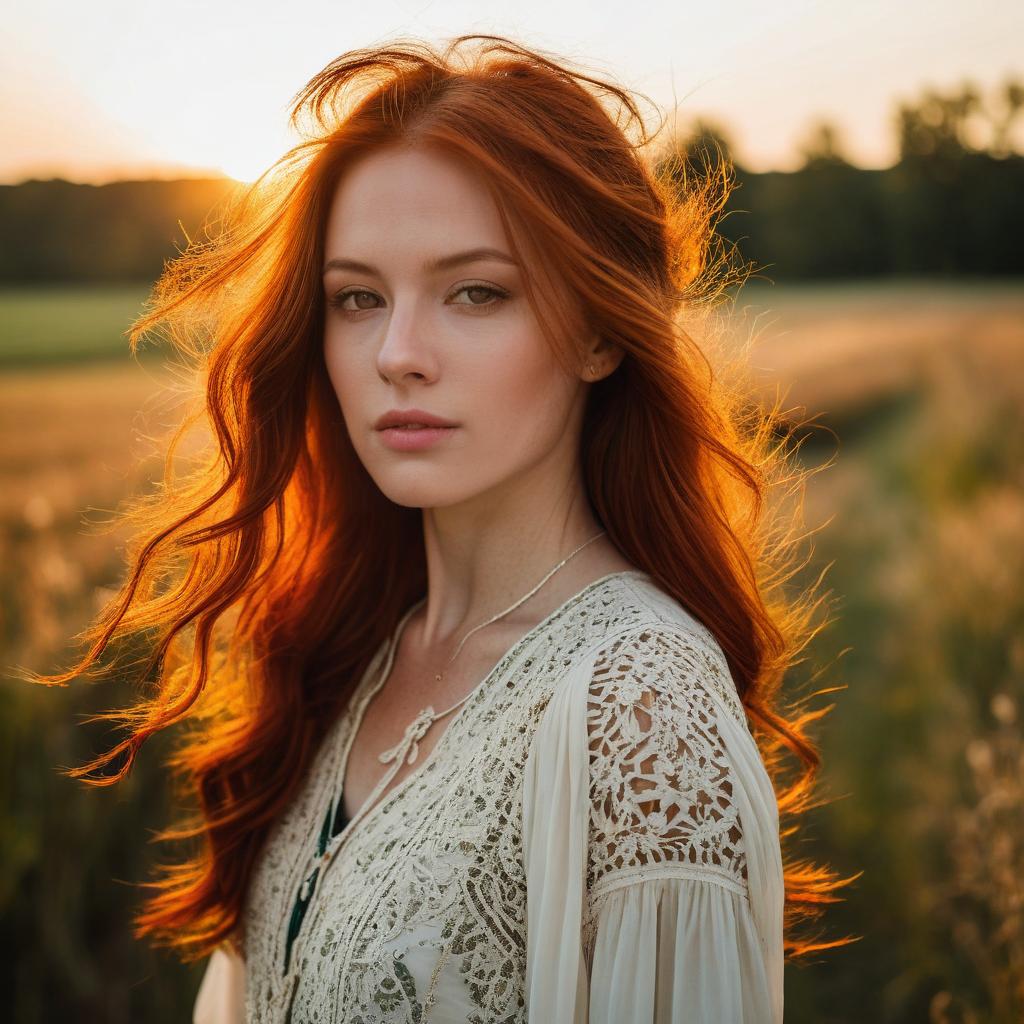 Woman with Red Hair in Sunlit Field