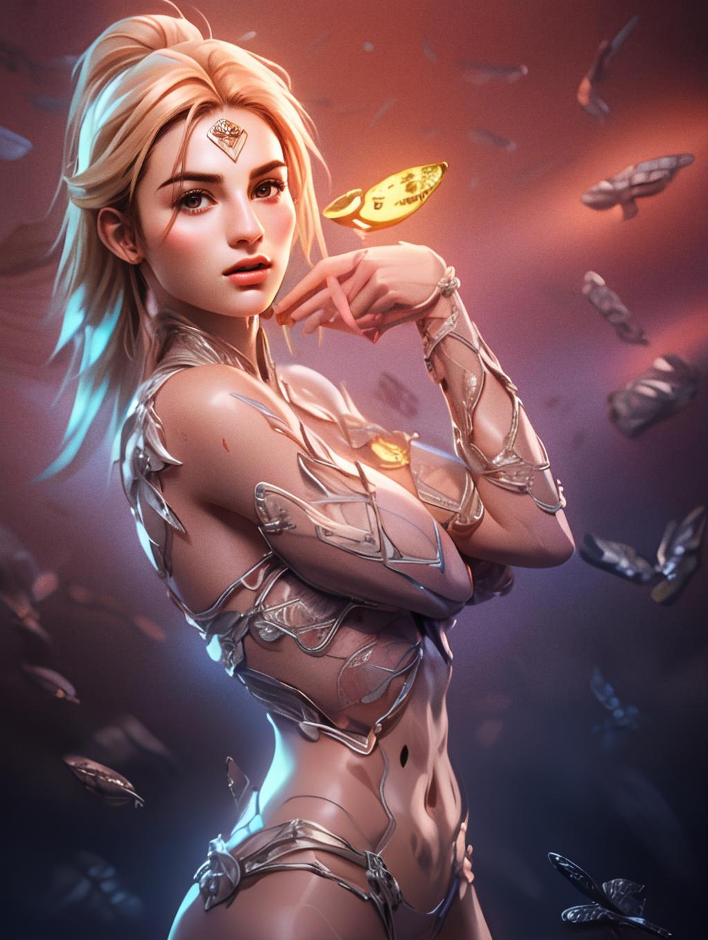 Futuristic Woman in Metallic Armor with Floating Butterflies Digital Art