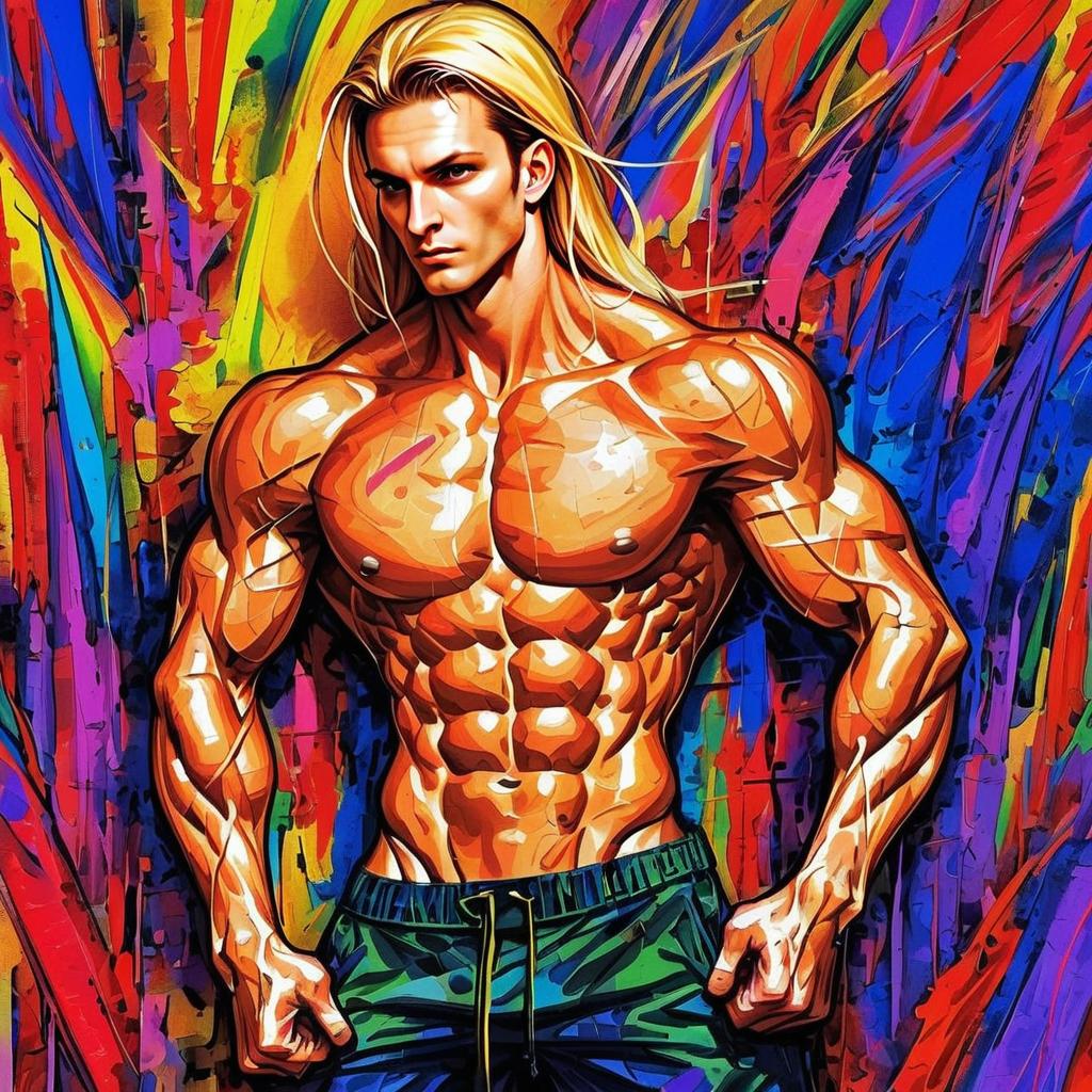 Muscular Man with Long Blond Hair Against Abstract Background