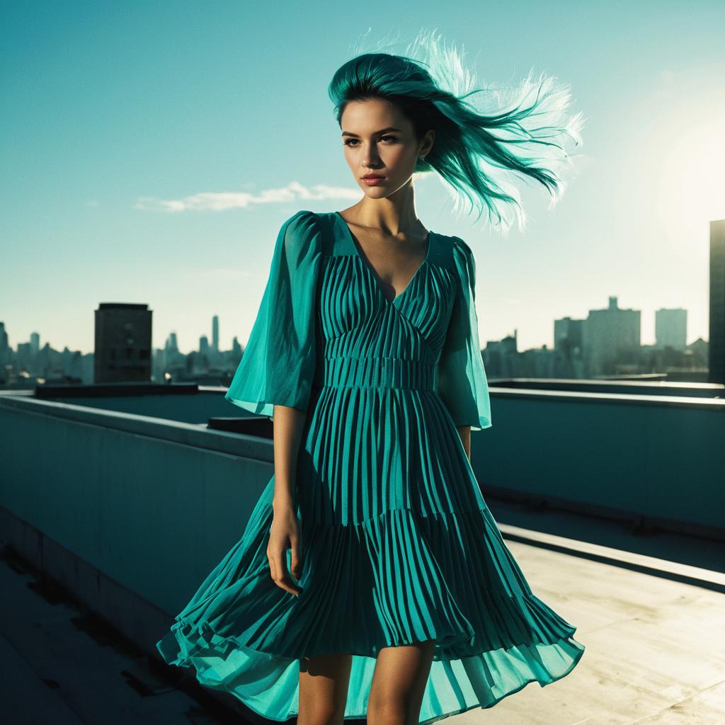 Woman in Teal Pleated Dress on Urban Rooftop with City Skyline