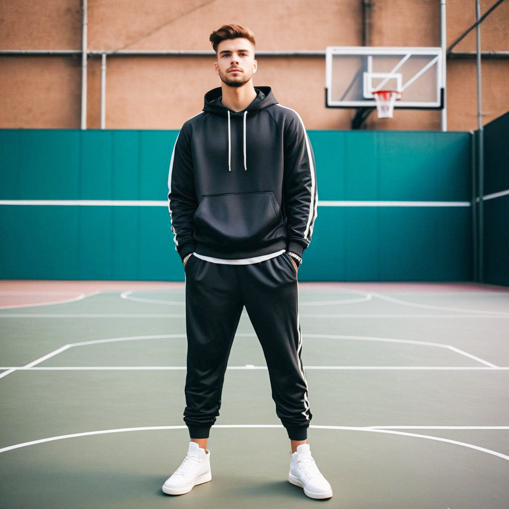 Stylish Young Man in Black Tracksuit on Basketball Court