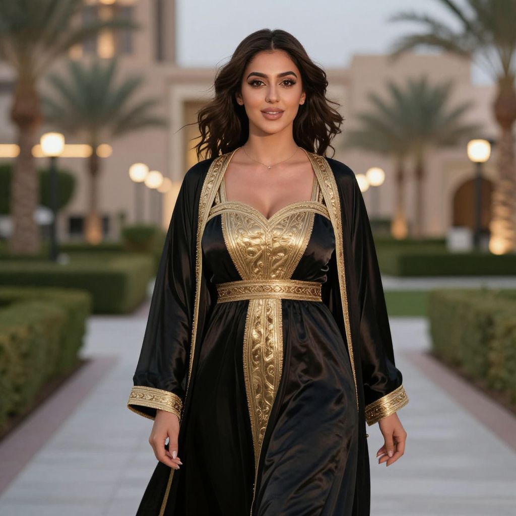 Elegant Woman in Black and Gold Embroidered Abaya Outdoors
