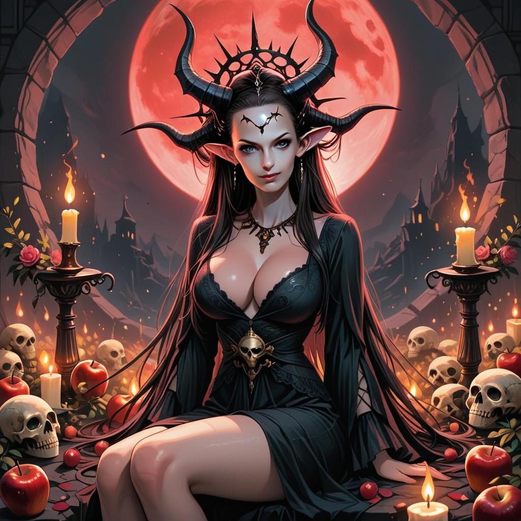 Dark Fantasy Woman with Horns and Red Moon