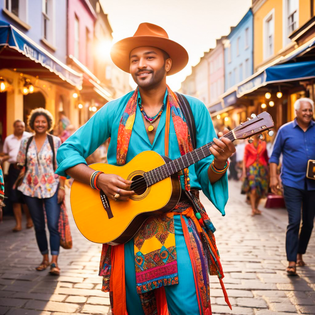 Cheerful man in turquoise outfit playing guitar in vibrant market