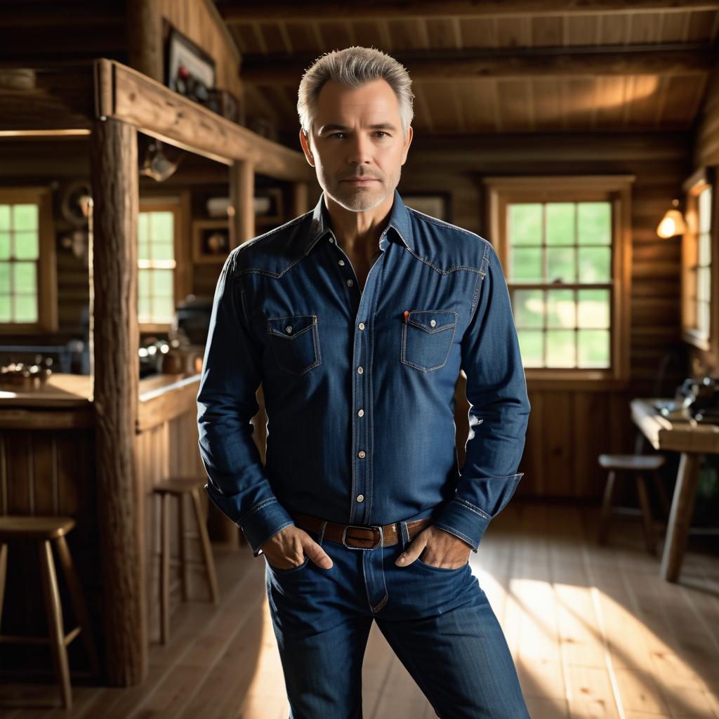 Stylish Man in Rustic Cabin Wearing Denim Shirt