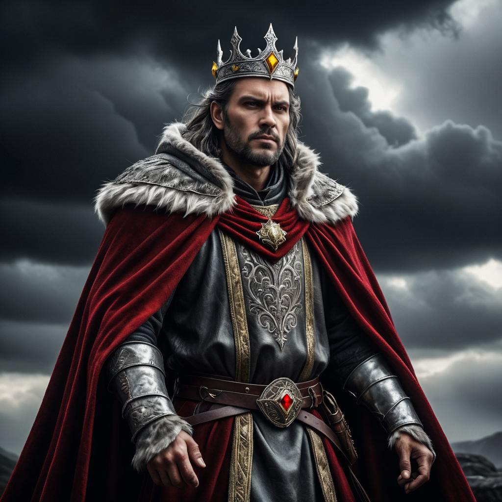 Regal Man in Silver Crown and Armor Against Stormy Sky