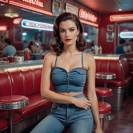 Vintage Style Woman in Denim Outfit Posing in Retro 1950s Diner