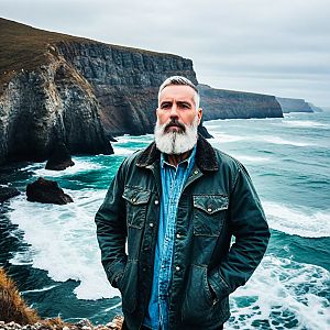 Mature Man on Cliff Overlooking Ocean