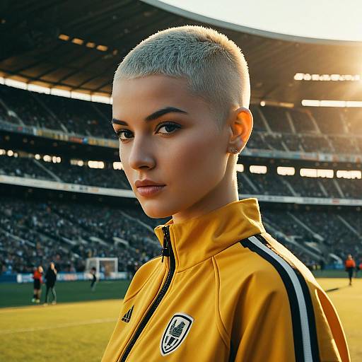 Portrait of Woman in Yellow Sports Jacket at Stadium during Golden Hour
