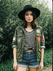 Young Woman in Military Jacket and Black Hat Outdoors