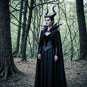 Woman in Gothic Costume with Horns in Forest