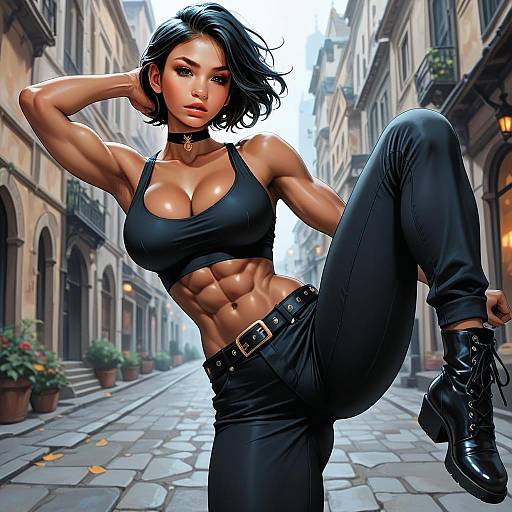 Fit Woman in Black Crop Top and Pants Urban Digital Art