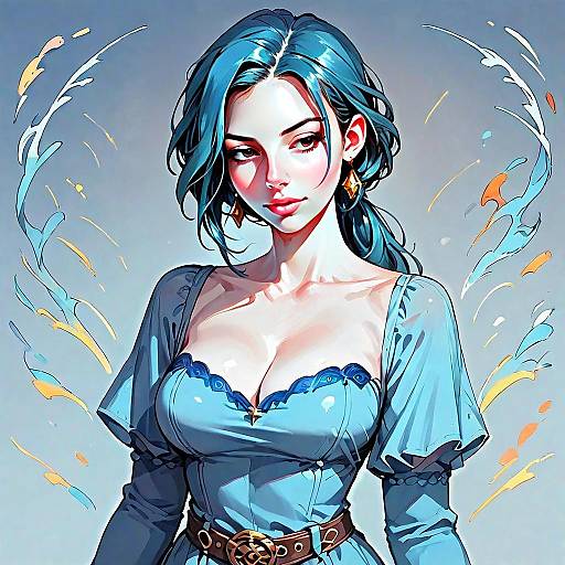 Stylized Blue-Haired Woman in Blue Corset Digital Artwork