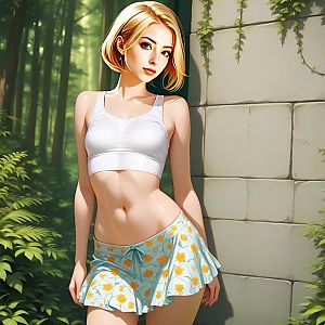Young Woman in Floral Skirt Against Stone Wall