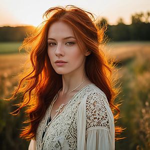 Woman with Red Hair in Sunlit Field