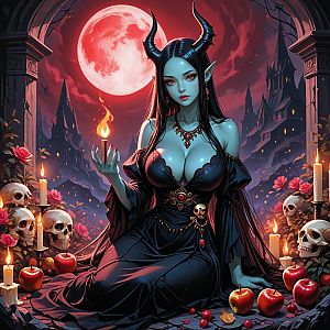 Dark Sorceress with Horns Under Red Moon Gothic Comic Art