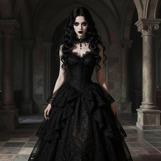 Gothic Victorian Woman in Black Lace Dress in Medieval Stone Hall