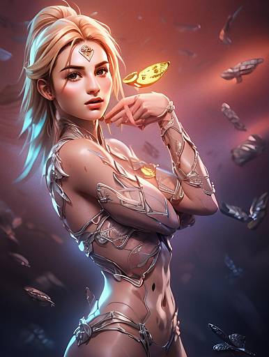Futuristic Woman in Metallic Armor with Floating Butterflies Digital Art