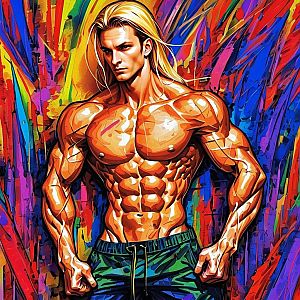 Muscular Man with Long Blond Hair Against Abstract Background