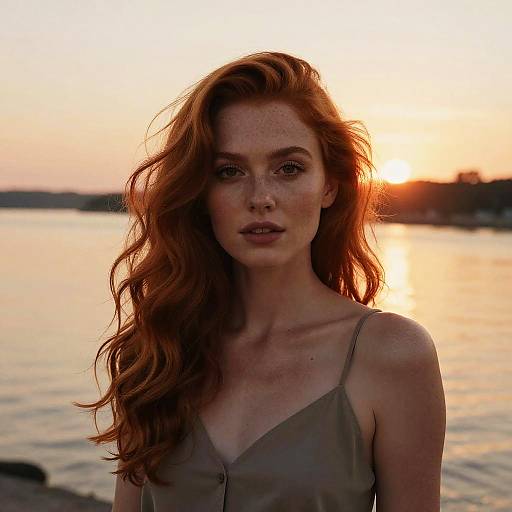 Portrait of Red-Haired Woman at Sunset by the Water